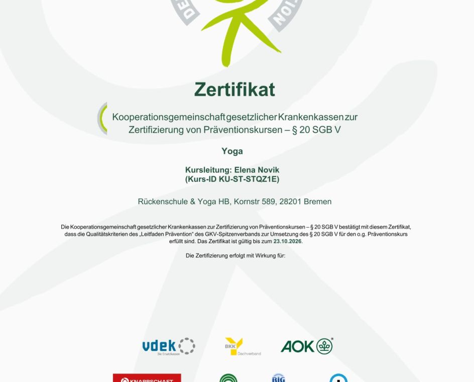 Rückenschule & Yoga Bremen - Bildungsurlaub Bildungdurlaub 2027 / KörperBalance & Resilienz durch Yoga – Nacken und Kiefer entspannen