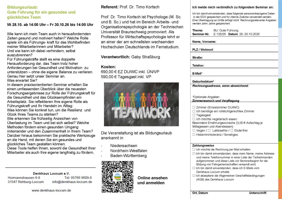 Denkhaus Loccum e.V. - Bildungsurlaub Gute Führung für ein gesundes und glückliches Team