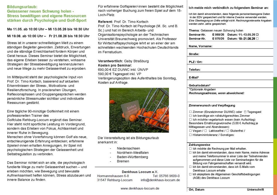 Denkhaus Loccum e.V. - Bildungsurlaub Gelassener neuen Schwung holen Stress bewältigen und eigene Ressourcen stärken durch Psychologie und Golf-Sport