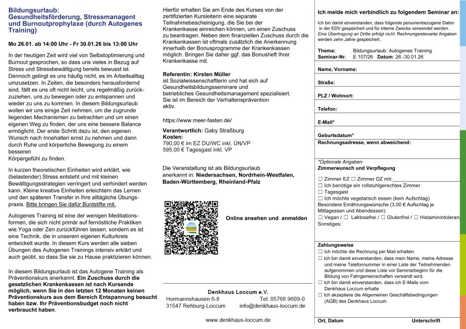Denkhaus Loccum e.V. - Bildungsurlaub Gesundheitsförderung, Stressmanagent  und Burnoutprophylaxe (durch Autogenes Training)