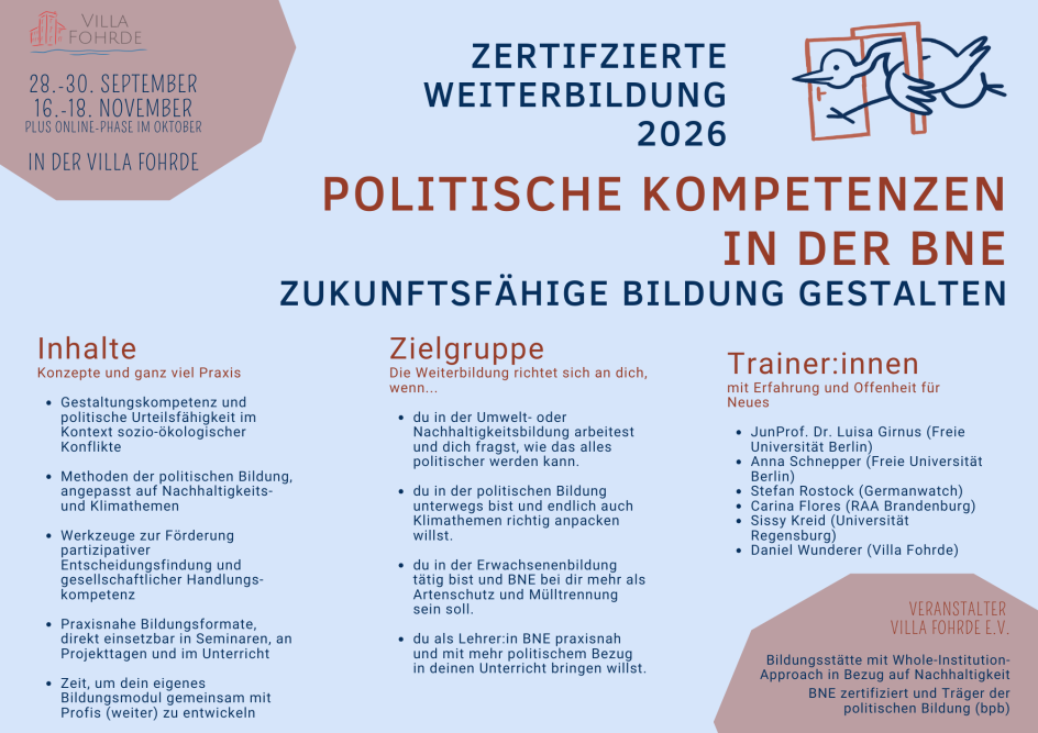 Villa Fohrde Bildungs- und Kulturhaus e.V. - Bildungsurlaub Politische Kompetenzen in der BNE – zweimodulige Weiterbildung