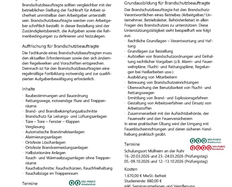 LVQ Weiterbildung und Beratung GmbH - Bildungsurlaub Fortbildung für Brandschutzbeauftragte – Auffrischung für Brandschutzbeauftragten nach den Vorgaben der DGUV 205-003